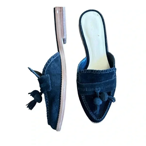 Nine West Black Suede Leather Tasseled Flat Mules Womens size 8.5 - Picture 1 of 13